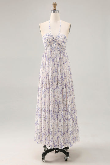Floral Ruched A Line Blue Halter Long Wedding Guest Dress